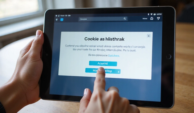 Person's hand interacting with a tablet showing a cookie consent pop-up with options to accept or decline, emphasizing user control over privacy settings.