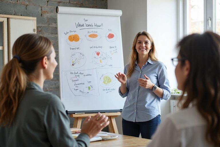 Ernährungsberaterin hält eine Präsentation vor einer kleinen Gruppe über gesunde Ernährungsgewohnheiten.