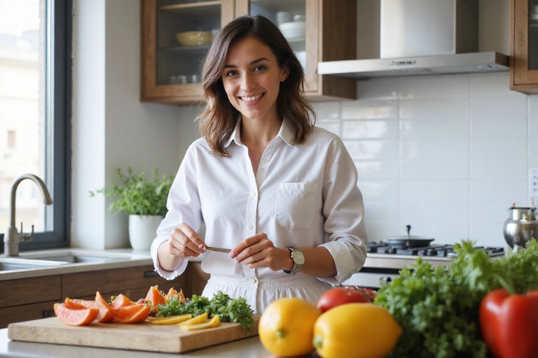 Ernährungsberaterin bereitet eine gesunde Mahlzeit in einer modernen Küche zu, um praktische Tipps zu geben.